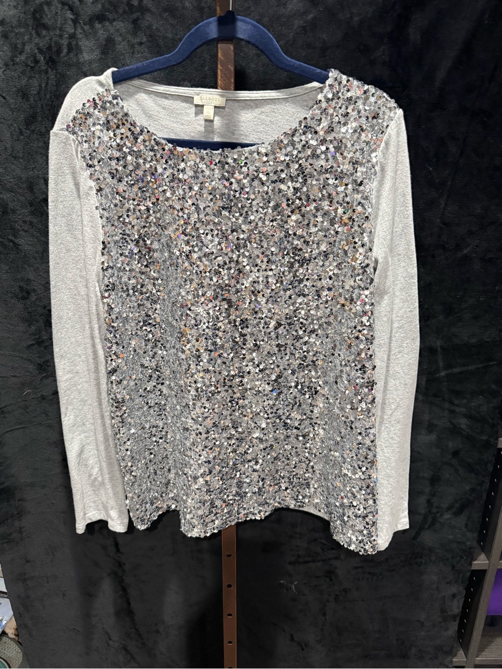 Talbots Silver Sequin Front Long Sleeve Top